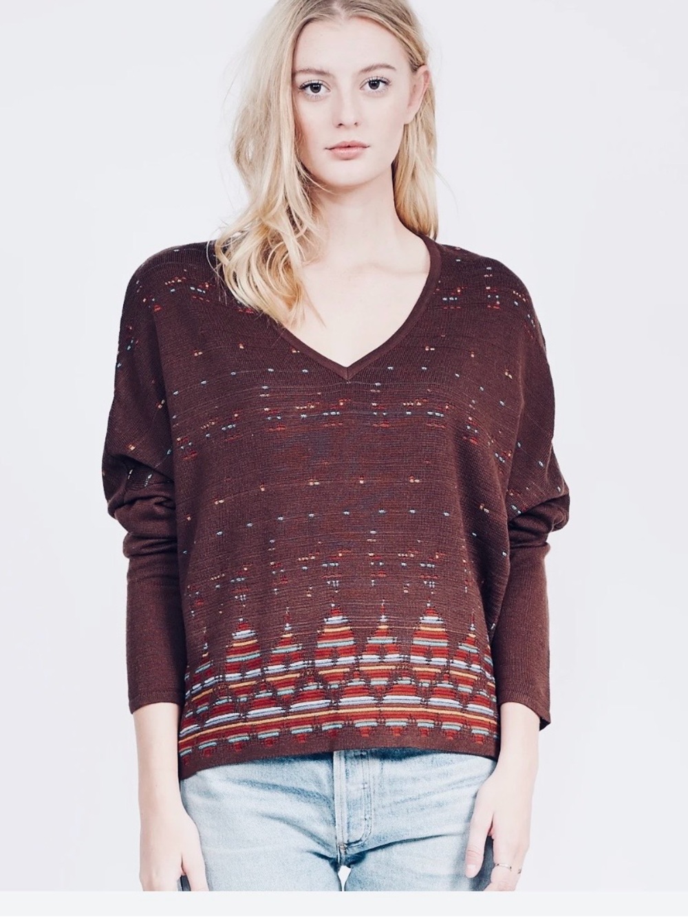 Ainsley Women’s Size S Brown Geo Print Wool Blend V-Neck Sweater NWT MRSP $158